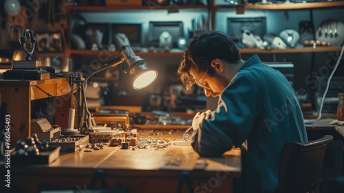 A woman is sitting at a desk in a workshop  building and working on a piece of equipment with fun and sharing in an art room. AIG41