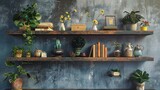 A UHD capture of a rustic wooden wall shelf adorned with eclectic decor pieces such as vintage books, potted plants, and quirky knick-knacks, adding charm and personality.