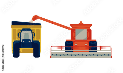 Agricultural machinery, industrial machines collecting crops, vector combine harvester and farm tractor with trailer
