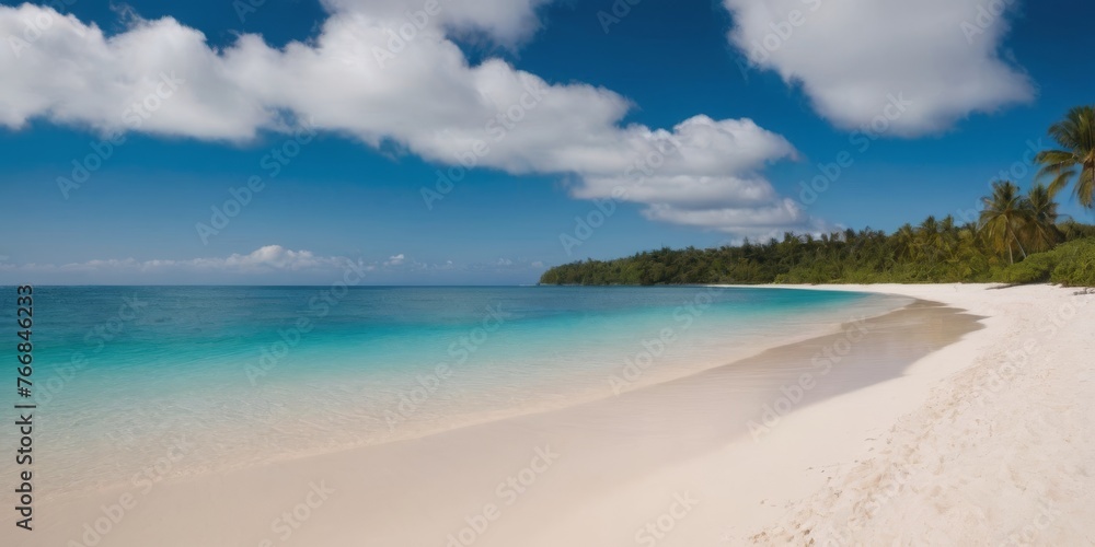 A beautiful beach with a clear blue ocean and a few palm trees. The sky is cloudy, but the beach is still a peaceful and relaxing place A beautiful beach with a clear blue ocean and a few palm trees. The sky is cloudy, but the beach is still a peaceful and relaxing place