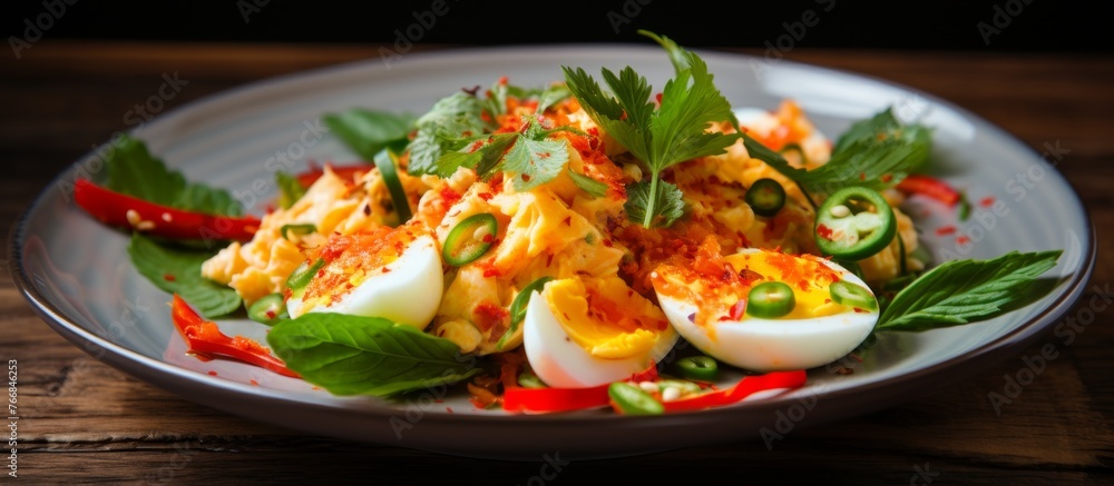 A delicious plate of food with eggs and vegetables, garnished with leafy greens and plum tomatoes, set on a wooden table. Perfect for a healthy and tasty meal A delicious plate of food with eggs and vegetables, garnished with leafy greens and plum tomatoes, set on a wooden table. Perfect for a healthy and tasty meal