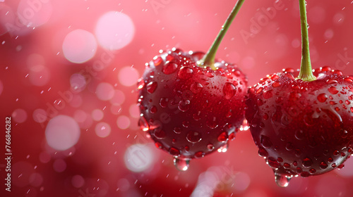 Close-up of two ripe cherries with water droplets on vibrant red background