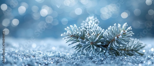  Pine tree branch on snow-covered ground with a bokeh of lights in the background - Closeup