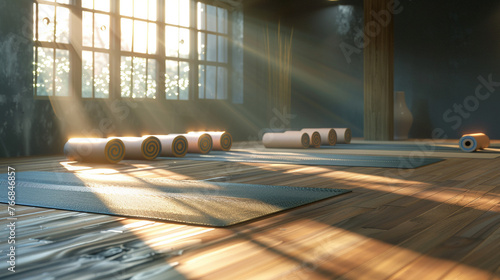 Serene Yoga Haven with Rolled Mats in Spacious, Well-lit Room