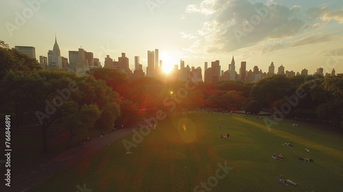 helicopter view of central park during summer evening with trees and people having picnic near manhattan skyline cityscape