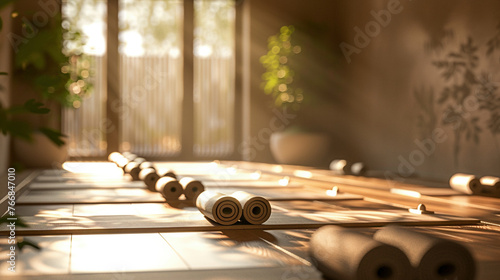 Serene Yoga Haven with Rolled Mats in Spacious, Well-lit Room