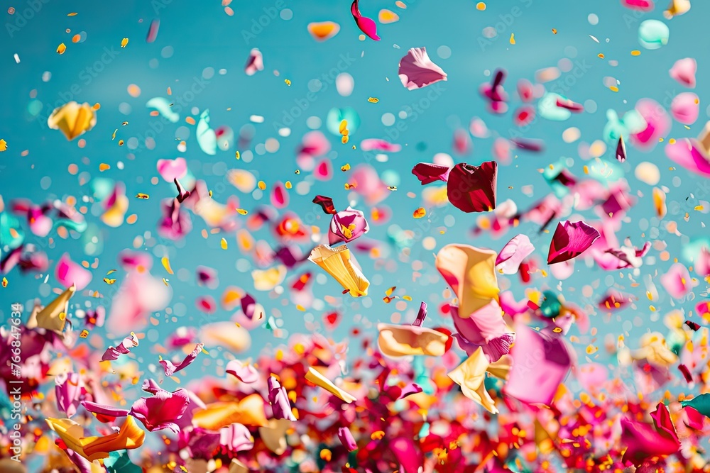 A vibrant explosion of multicolored flower petals against a clear sky blue backdrop A vibrant explosion of multicolored flower petals against a clear sky blue backdrop