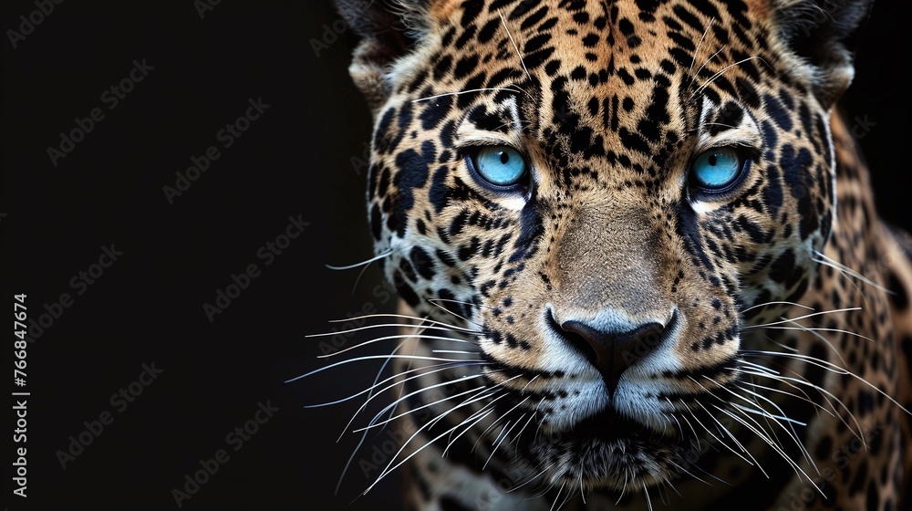 close up of a black and white jaguar with blue eyes isolated on a white background with copy space highlighting its exotic and majestic nature perfect for wildlife photography close up of a black and white jaguar with blue eyes isolated on a white background with copy space highlighting its exotic and majestic nature perfect for wildlife photography