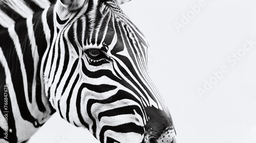 closeup portrait of a zebra isolated on a white background showcasing its exotic black and white pattern ideal for wildlife and nature photography in safari settings photo