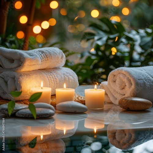 A tranquil spa setting with candles aglow  nestled among towels and stones on a marble surface  evoking calm