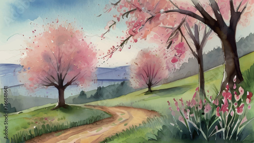桜が咲く公園の風景イラスト Generative AI