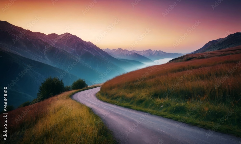 A road winds through a grassy field with mountains in the background. The sky is a mix of pink and orange hues, creating a serene and peaceful atmosphere