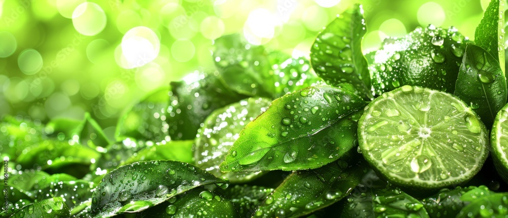 Close-up photo of vibrant green leaves with a halved lime and water droplets Close-up photo of vibrant green leaves with a halved lime and water droplets