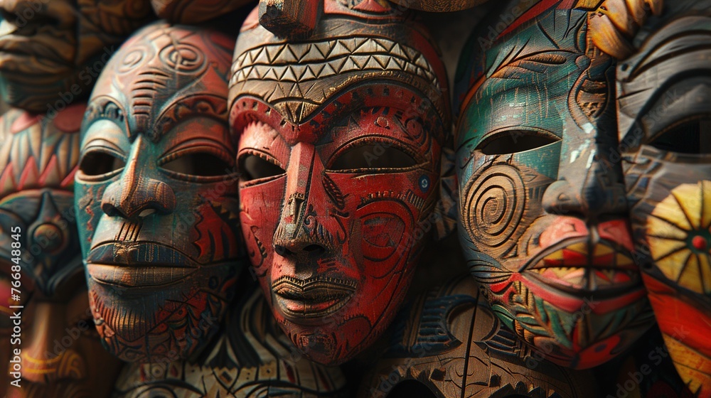 A UHD capture of a set of intricately carved wooden masks from different cultures, their vibrant colors and intricate details showcased against the neutral backdrop.