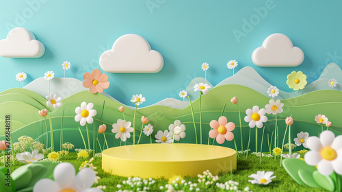 A colorful scene of a field of flowers with a yellow pedestal in the middle