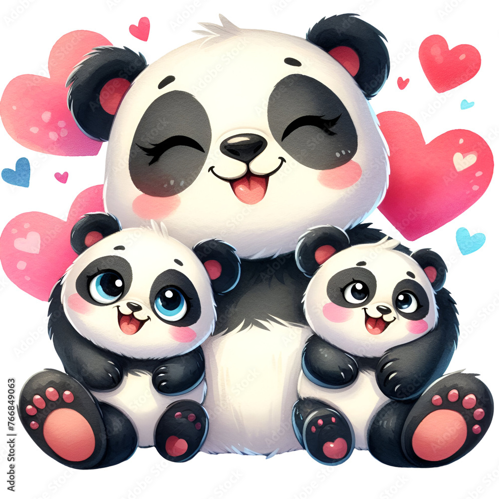 Obraz premium Watercolor Cute Happy Mother's Day Panda clipart Mom and Baby Graphics Love You Mommy Clipart collection for Motherhood Printable Card Paper Craft, Junk Journal
