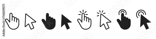 Computer mouse click cursor icons set. Cursor arrow and hand clicking.  Vector illustration.