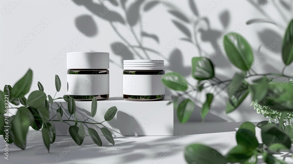 green herbal leaves with blank label for branding mock-up , cosmetic bottle containers for natural beauty product concept , eco friendly and organic skincare packaging green herbal leaves with blank label for branding mock-up , cosmetic bottle containers for natural beauty product concept , eco friendly and organic skincare packaging