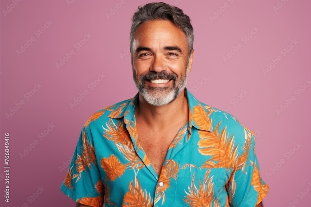 Portrait of a handsome middle-aged man in a colorful shirt on a pink background Portrait of a handsome middle-aged man in a colorful shirt on a pink background