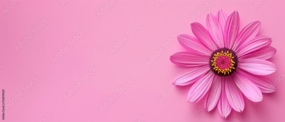   Pink flower on pink background, yellow center on petal and center of flower