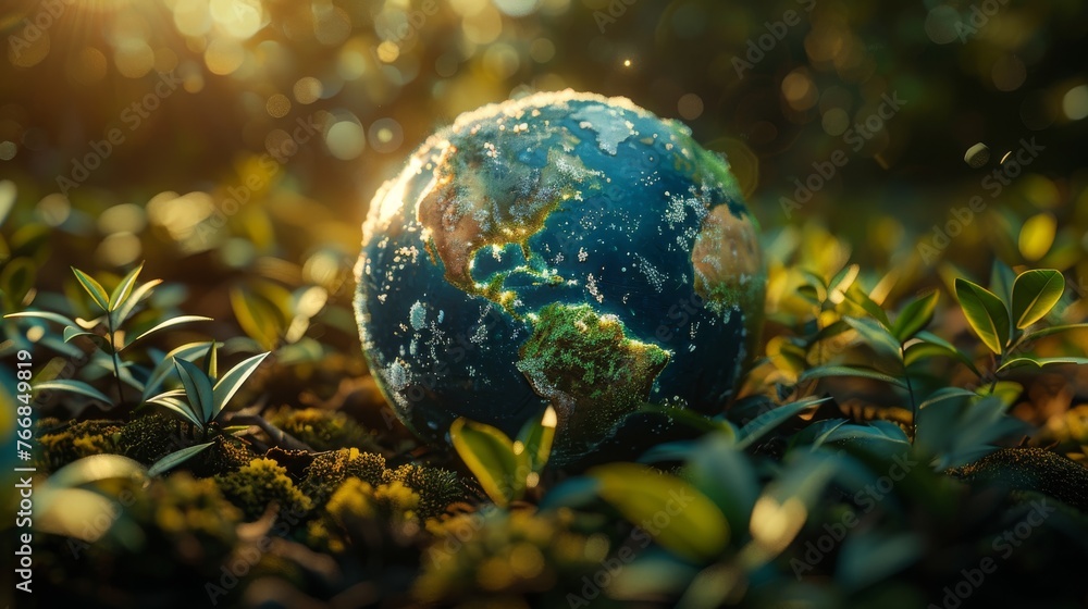 The image captures Earth as a luminous globe amidst dense foliage, with the setting sun casting a golden glow The image captures Earth as a luminous globe amidst dense foliage, with the setting sun casting a golden glow