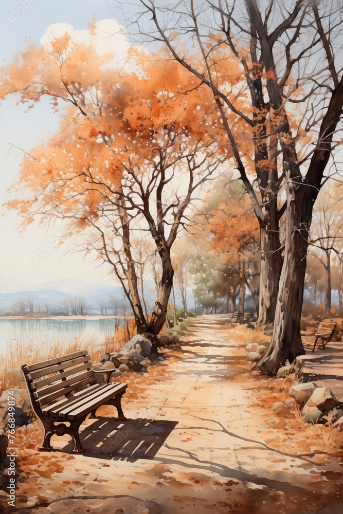 Bench in autumnal mood painting watercolor painting