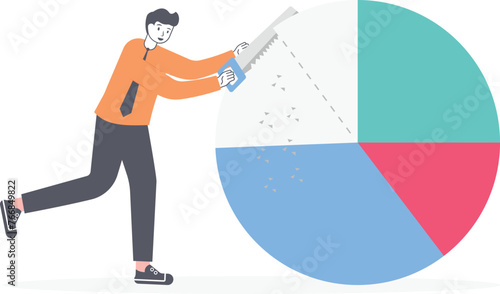 Businessman cut chart pie peace with saw . vector illustration flat. Business, finance, market

