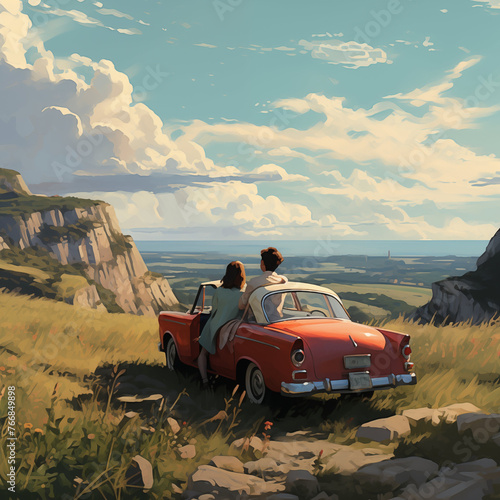 the concept of a couple in love in a car in the background sea