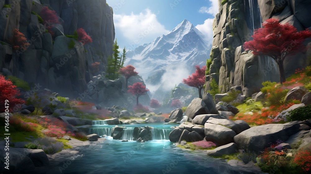 A digitally-generated scene showcasing a breathtaking waterfall cascading down rugged cliffs into a crystal-clear pool below, set against a backdrop of towering mountains and - obrazy, fototapety, plakaty 