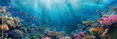 An expansive underwater panorama presenting a rich, colorful coral reef bustling with multicolored fish and marine biodiversity