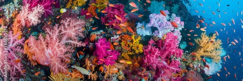 This underwater image showcases the immense diversity and vivid colors of a deep-sea coral ecosystem with various fish species