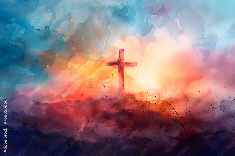 Blurry watercolor painting of a conceptual cross over a sunset sky, depicting spirituality and hope