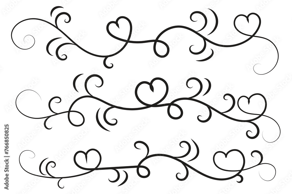 
Filigree curly Calligraphic Heart, Fancy Line Flourishes Swirls hearts, curve romantic love sign, Valentines Day divider flourish Swirl, Calligraphy Flourish lettering header hearts scroll vector