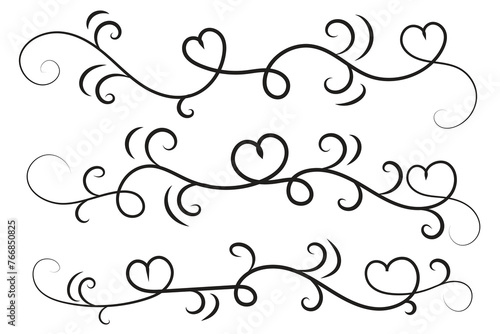  Filigree curly Calligraphic Heart, Fancy Line Flourishes Swirls hearts, curve romantic love sign, Valentines Day divider flourish Swirl, Calligraphy Flourish lettering header hearts scroll vector