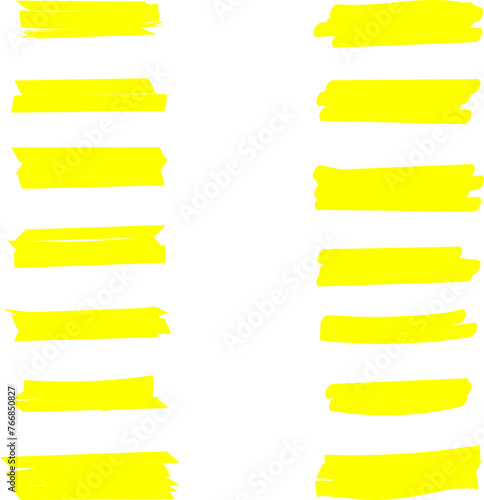 Highlighter line yellow marker strokes lines isolated on white background vector set. Hand drawn yellow highlight marker lines. Marker pen highlight strokes.