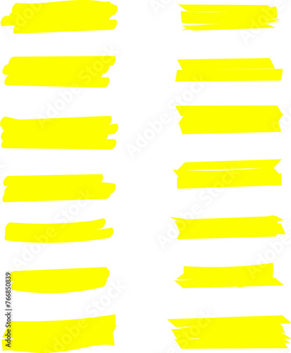 Highlighter line yellow marker strokes lines isolated on white background vector set. Hand drawn yellow highlight marker lines. Marker pen highlight strokes.