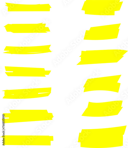 Highlighter line yellow marker strokes lines isolated on white background vector set. Hand drawn yellow highlight marker lines. Marker pen highlight strokes.