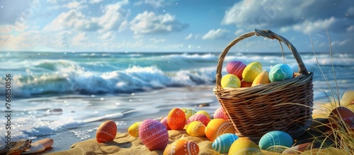 Easter-themed beach scene with a basket and colorful eggs by the sea