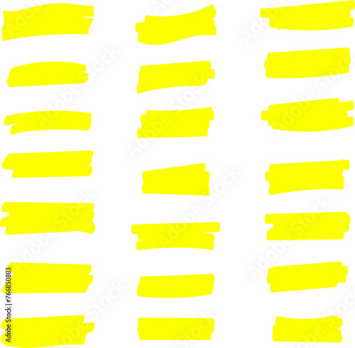 Highlighter line yellow marker strokes lines isolated on white background vector set. Hand drawn yellow highlight marker lines. Marker pen highlight strokes.