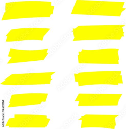 Highlighter line yellow marker strokes lines isolated on white background vector set. Hand drawn yellow highlight marker lines. Marker pen highlight strokes.