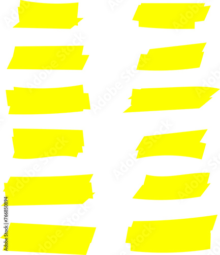 Highlighter line yellow marker strokes lines isolated on white background vector set. Hand drawn yellow highlight marker lines. Marker pen highlight strokes.