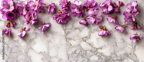   A stunning arrangement of vibrant blooms resting on a pristine marble surface, featuring elegant pink blossoms cascading down the sides © Albert