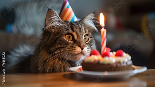 a cute cat celebrates its birthday. a cat with a birthday hat and a little cake with a lit candle.