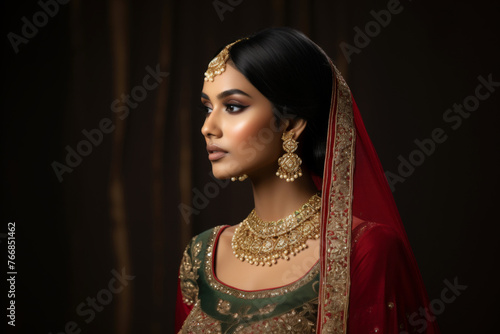 Portrait of a beautiful female of Indian ethnicity wearing traditional bridal costumes and jewellery