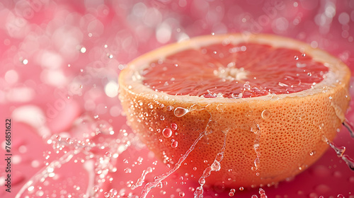 Fresh grapefruit half with a splash of water highlighting its juiciness