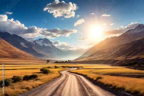 Scenery view of wild nature Bolivia with countryside road, sunny summer day. Landscape photo of bolivian natural mountains wilderness. Global ecology concept. Copy ad text space, nature backgrounds photo