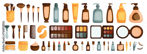Makeup set. False eyelashes, tweezers, mascara, perfume, tube of cream, lipstick, bottle of oil, pipette, jar of cream, nail polish, brushes, wooden comb, patches, eye shadow palette, blush, dispenser