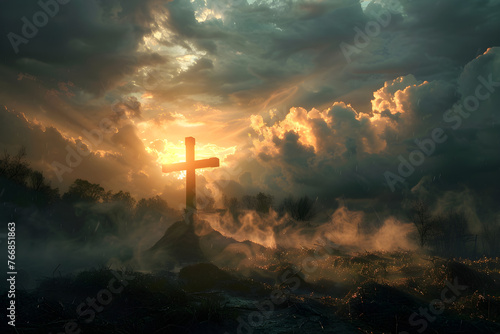 A dramatic Easter cross illuminated by sun amid storm clouds, conveying religious symbolism and hope. Suitable for religious events, spiritual-themed content, and Easter holiday usage.