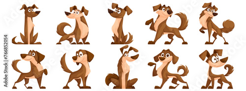 Cute dogs vector set. Cartoon characters of dogs or puppies create a collection of flat color in different poses. Set of funny pets isolated on a white background.