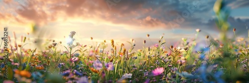 Breathtaking sunset casting warm light over a vast meadow filled with vibrant wildflowers and lush greenery
